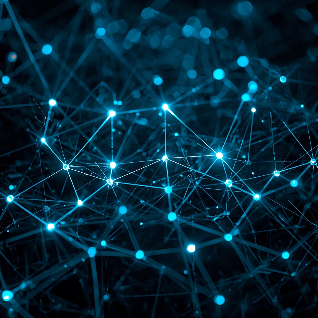 A high-tech neural network visualization with glowing nodes linked by neon cyan threads of light over a dark background